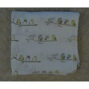Lollypop Owl Baby Blanket Muslin Swaddle White Yellow Gray 3 Owls on a Branch